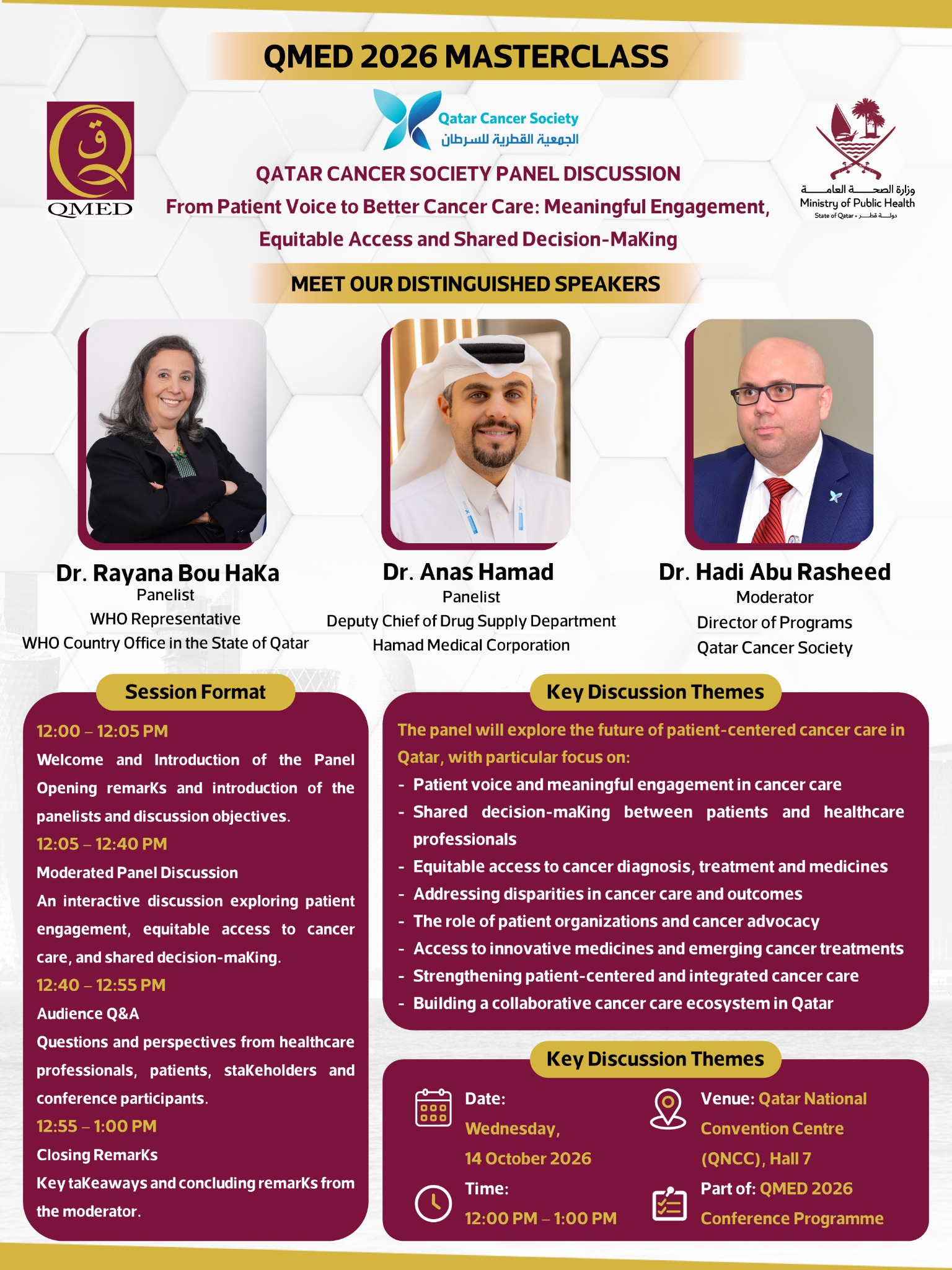 QMED 2026 Qatar Cancer Society panel discussion agenda for 14 October 2026