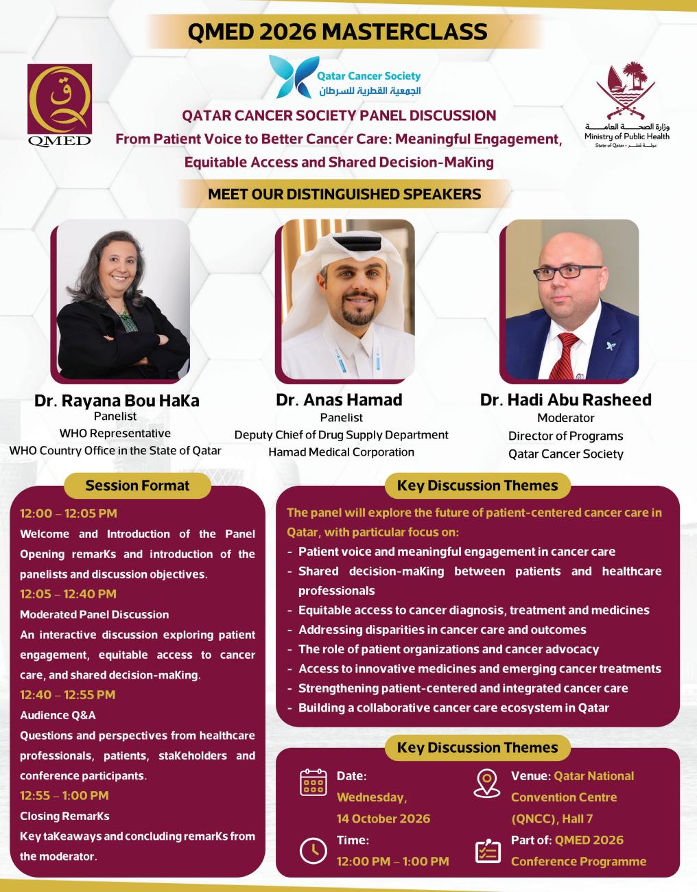 Qatar Cancer Society panel page in the QMED 2026 magazine
